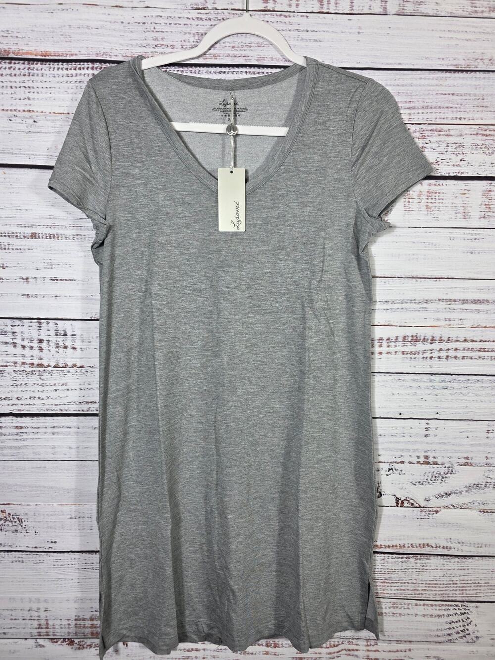 Lusome Women's Gray Short Sleeve V-neck sleep shirt dress NWT Soft Blend S